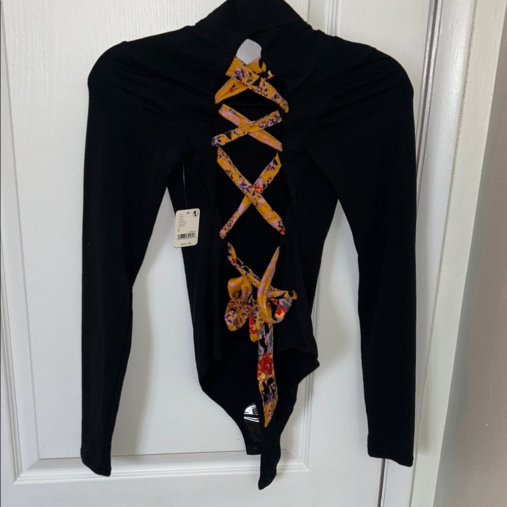 Intimately by Free People Black Long Sleeve Mock Neck Corset Back Bodysuit Small